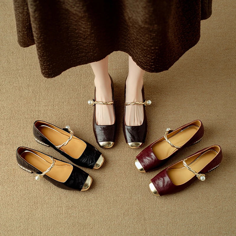 2.5cm/牛皮/圆头浅口一字带拼接单鞋复古法式玛丽珍新中式
