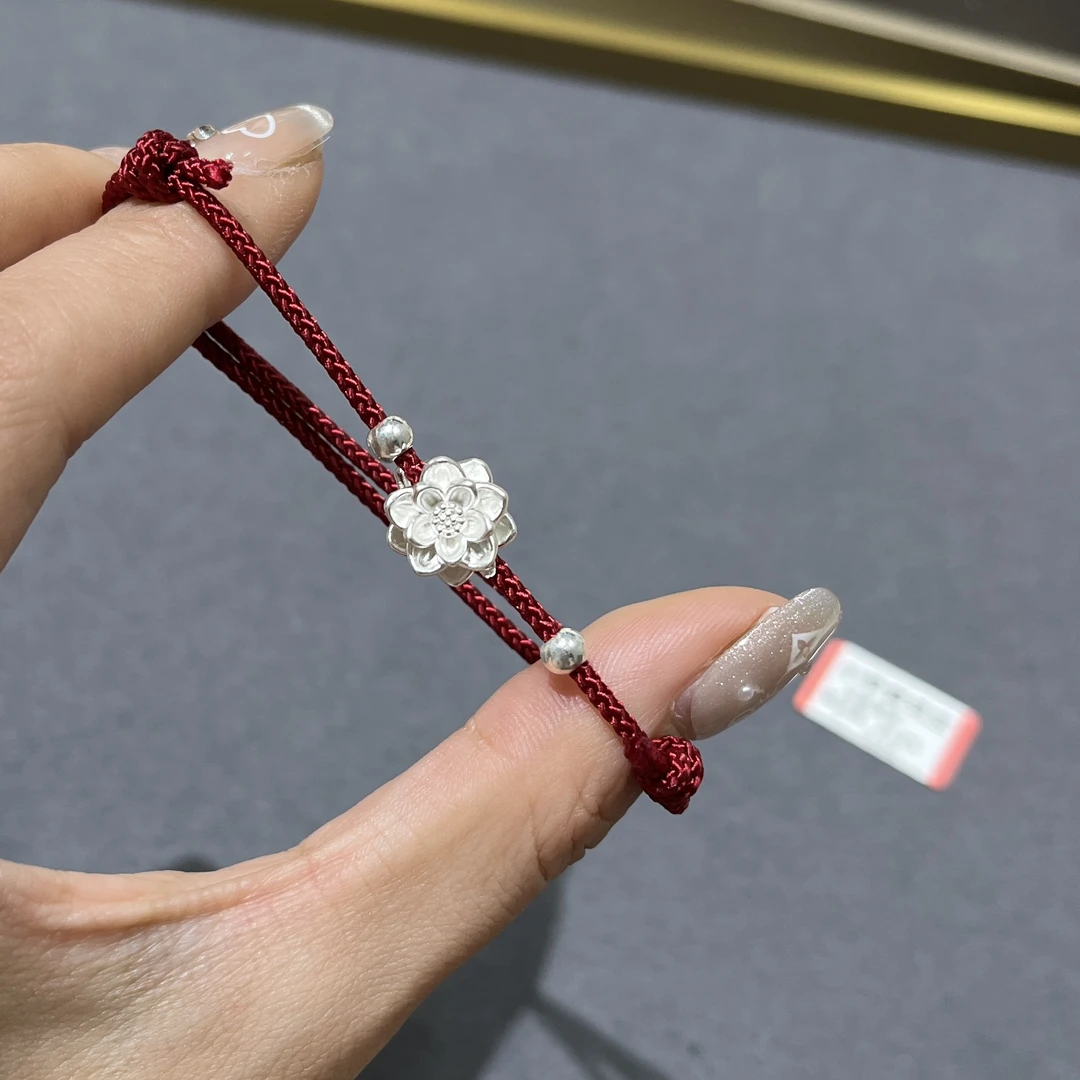 足银手链 足银999纯银好运连连莲花手链上岸红绳闺蜜同款时尚编织