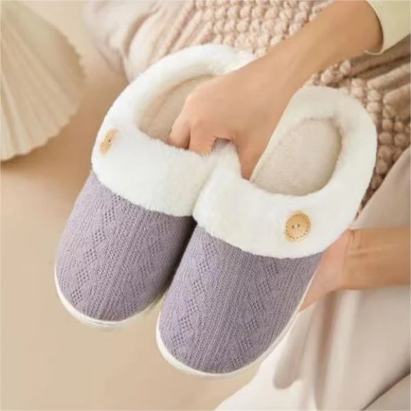 毛线纽扣家居棉拖软底保暖加绒情侣秋冬季毛拖防滑