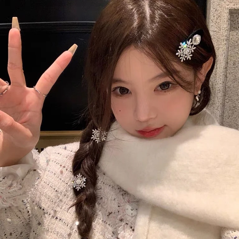 秋冬雪花贝珠发夹女小众设计刘海夹子侧边夹圣诞节头饰