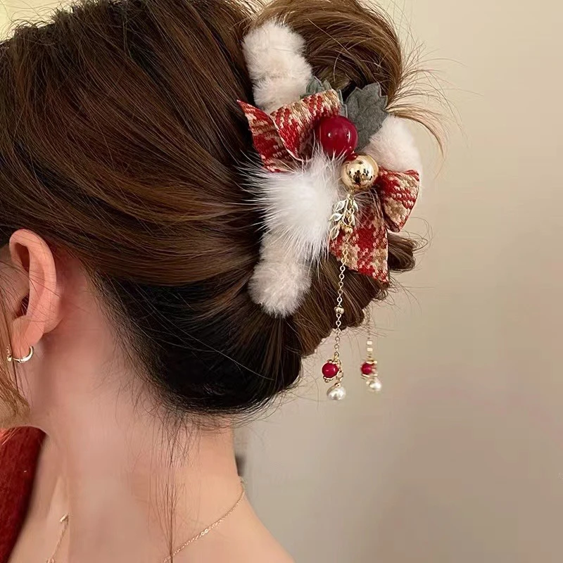 圣诞秋冬毛绒抓夹大号发夹新款后脑勺高级感鲨鱼夹发抓头饰A48