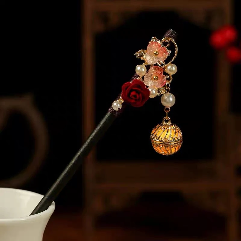 新年气质复古国风玫瑰花发簪马面裙新中式盘发灯笼簪子头饰A330