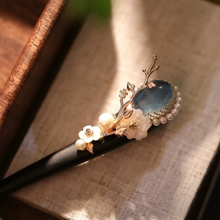 镇店之宝  蓝色设计感发簪子古风檀木盘发发钗丸子头