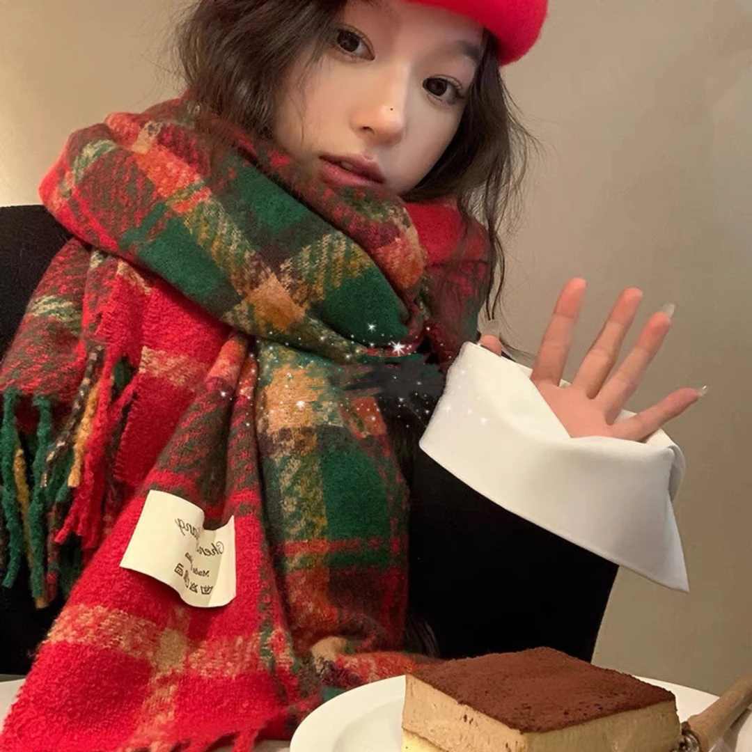 新年红色格子围巾女ins仿羊绒过年加厚气质复古百搭网红围脖披肩