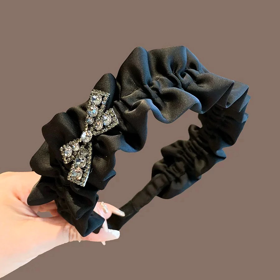 高级感黑色荷叶边褶皱发箍水钻蝴蝶结头箍高颅顶显脸小发卡A184.