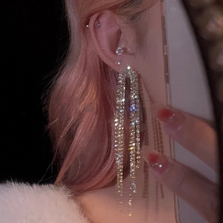 合金耳饰清冷气质~长款流苏耳环潮满钻潮流高级感耳饰轻奢A12