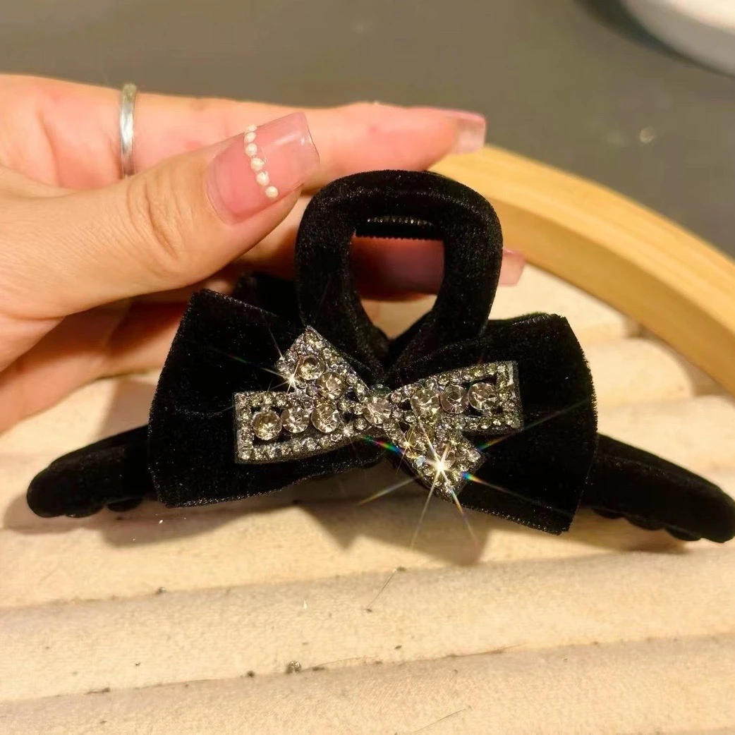 新款黑色丝绒闪钻蝴蝶结抓夹发夹轻奢高级发饰头饰A270