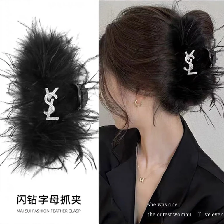 气质超仙水钻羽毛抓夹鸵鸟毛发夹闪钻毛绒鲨鱼夹子发卡五金女孩