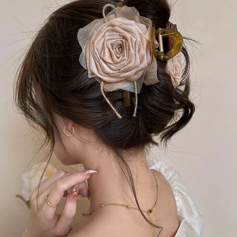 花朵抓夹干枯玫瑰手作款新款复古气质盘发发夹高级感鲨鱼夹A120.