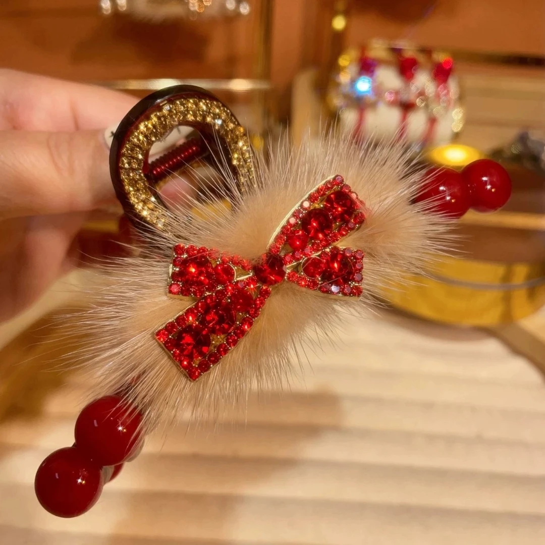 新年鸿运当头蝴蝶结抓夹红色气质轻奢双面韩版鲨鱼夹发夹A156.