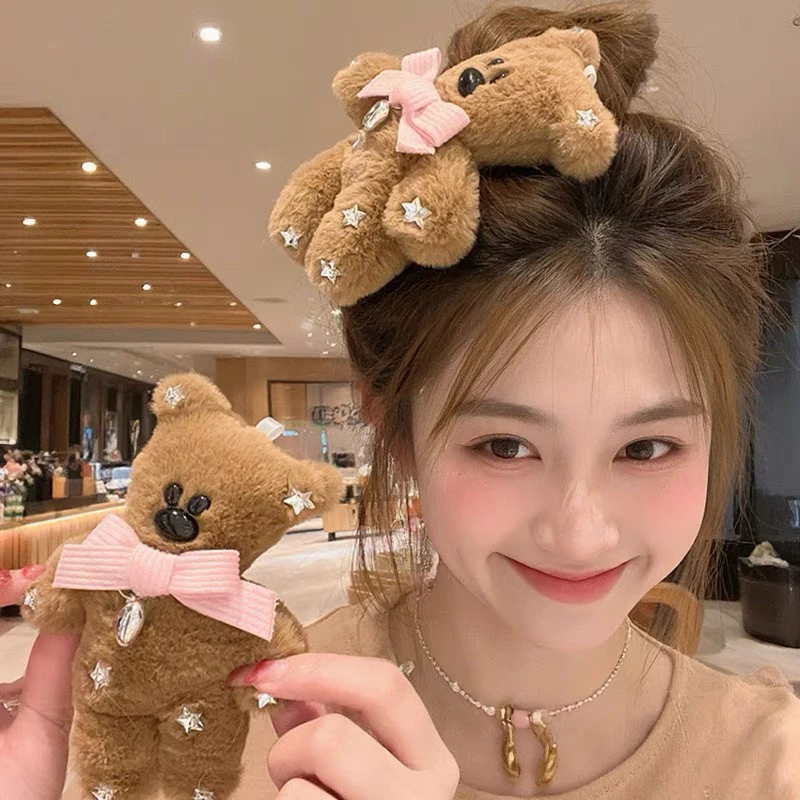 会吱吱叫憨豆泰迪熊毛绒可爱发夹掰掰夹女侧边BB夹子大号A938