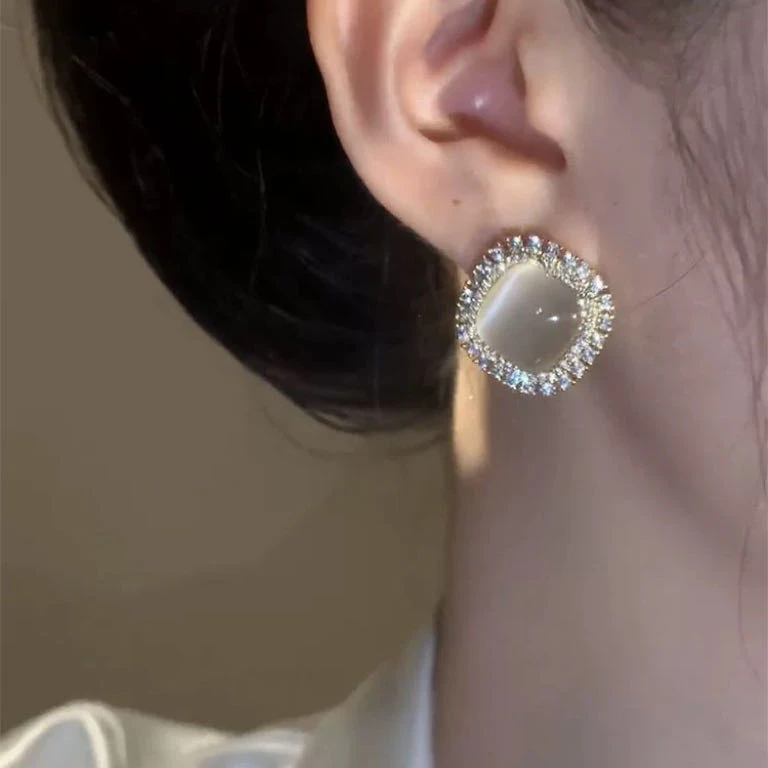 水钻猫猫石复古耳钉高级感耳环新款女气质耳饰A164.