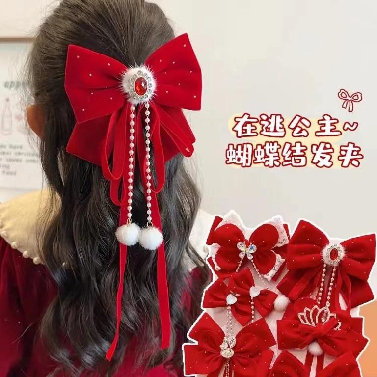 红色蝴蝶结发卡过年头饰中国风公主喜庆发夹新年发饰品A415