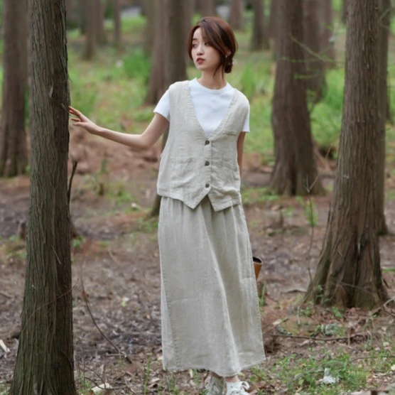 8822302亚麻半裙气质半身裙水洗西装裙宽松长款夏季文艺