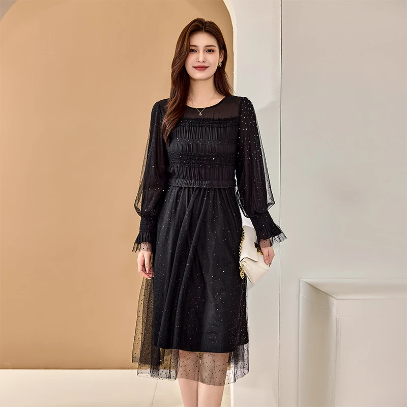 【琉光暗影】秋季新款大码女装气质V领裙子胖妹妹休闲拼接连衣裙A20