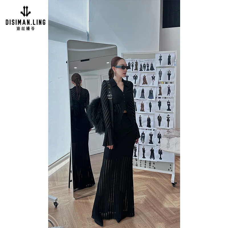 迪丝嫚苓气质黑色套装长袖时尚红人上新两件套长款小众设计感原创