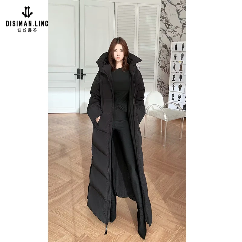 迪丝嫚苓黑色保暖羽绒服户外中长款加厚过膝冬季休闲女士优雅