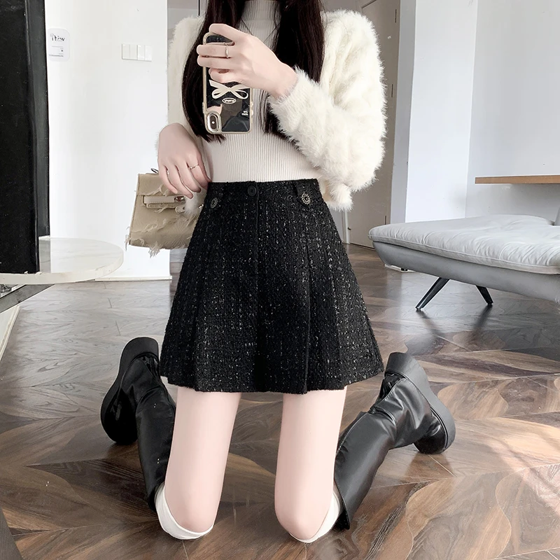 粗花呢短裤女秋冬黑色小香风新款高腰亮丝靴裤A字显瘦阔腿裤潮女