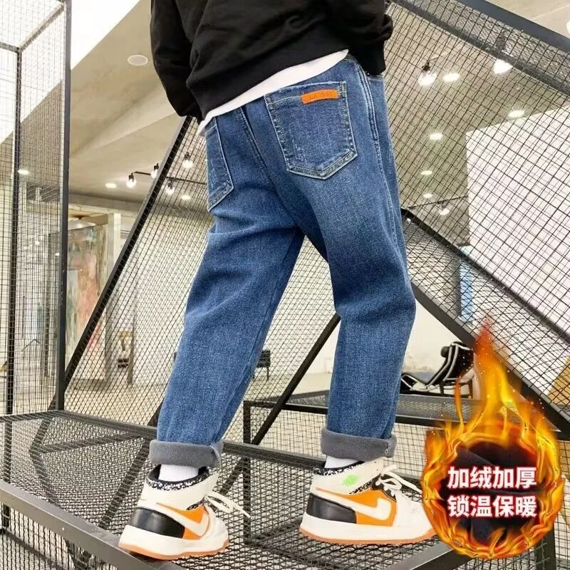 【大猫】男童加绒牛仔裤秋冬冬款2023新款中大童潮流裤子加厚一JC12