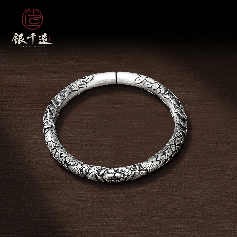 足银手镯 国色天香足银999银手镯女纯银手工浮雕牡丹民族风送妈妈