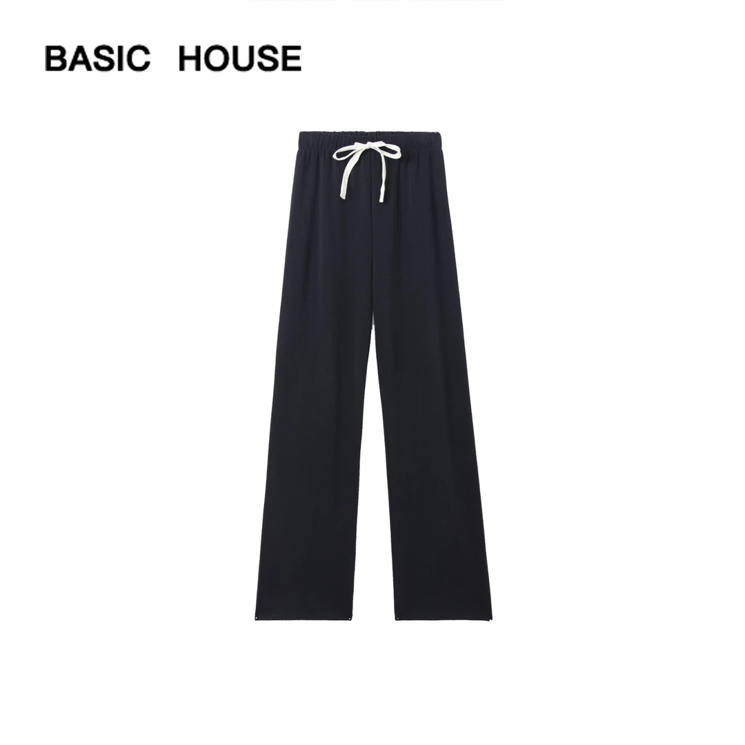 Basic House/百家好松紧腰抽绳休闲裤女宽松显瘦垂感直筒裤阔腿裤