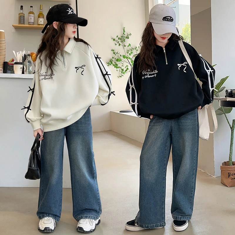 女童秋装2024新款套装洋气休闲学院风中大童宽松棉布工装裤两件套