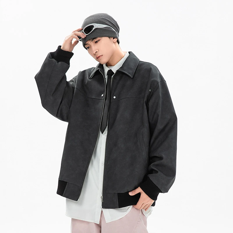 新款时尚简约春秋皮衣夹克外套潮流复古休闲宽松皮上衣大码男生