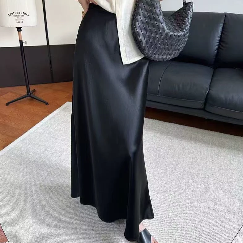 加长款100%三醋酸缎面半身裙斜裁显瘦高腰包臀开叉鱼尾半裙