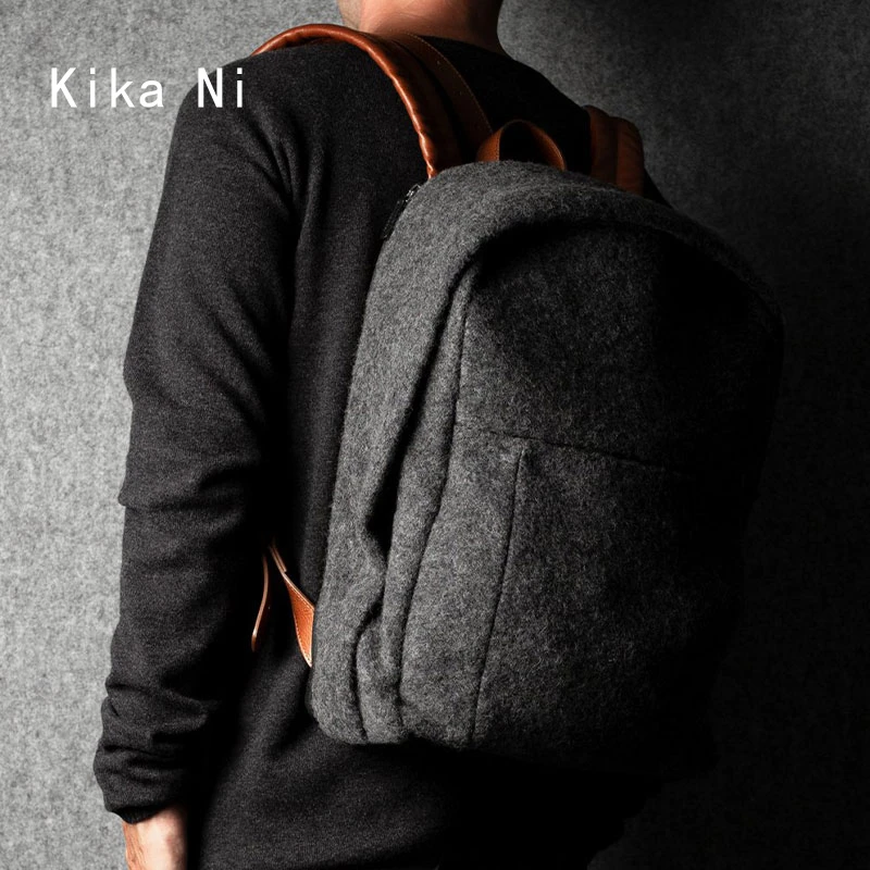 Kika Ni轻熟雅痞毛毡植鞣皮大容量背包男随性优雅撞色电脑双肩包