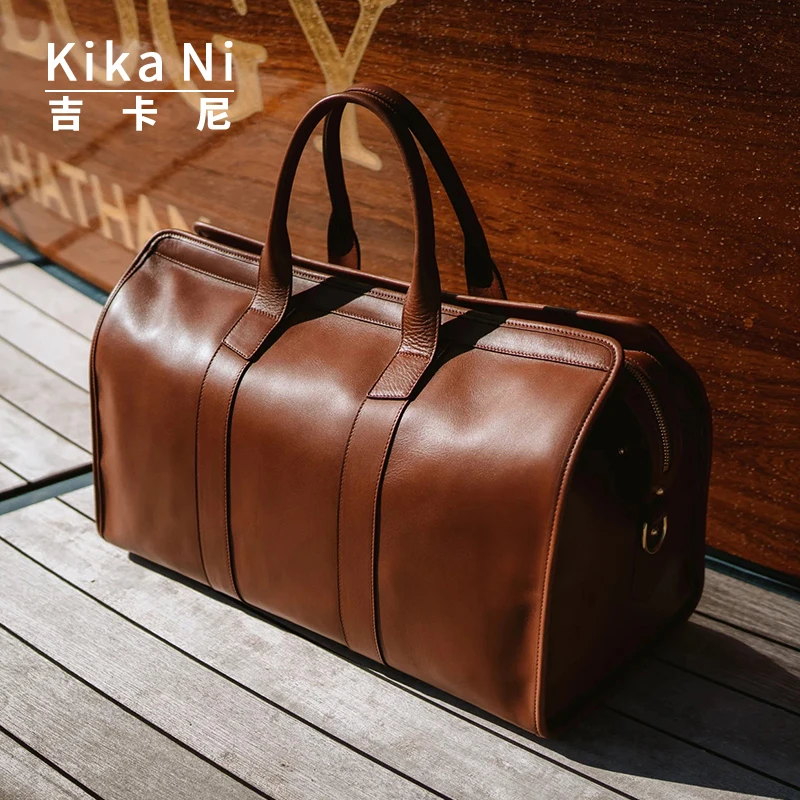 Kika Ni显气质 经典复古波士顿包男士手提斜挎旅行袋真皮行李包