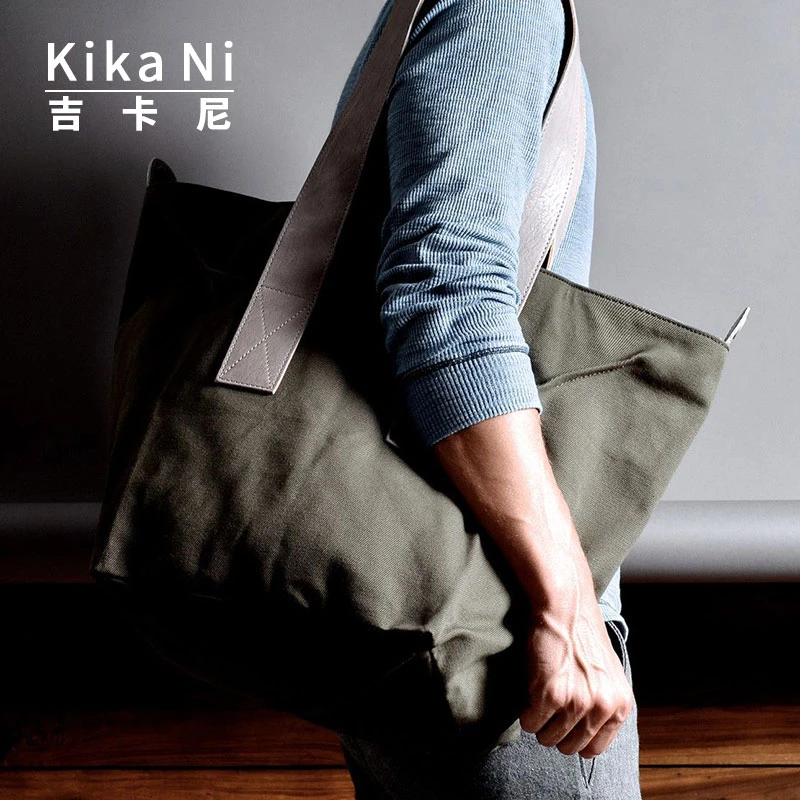 吉卡尼美式复古购物袋大容量单肩手提包帆布休闲托特包男通勤大包