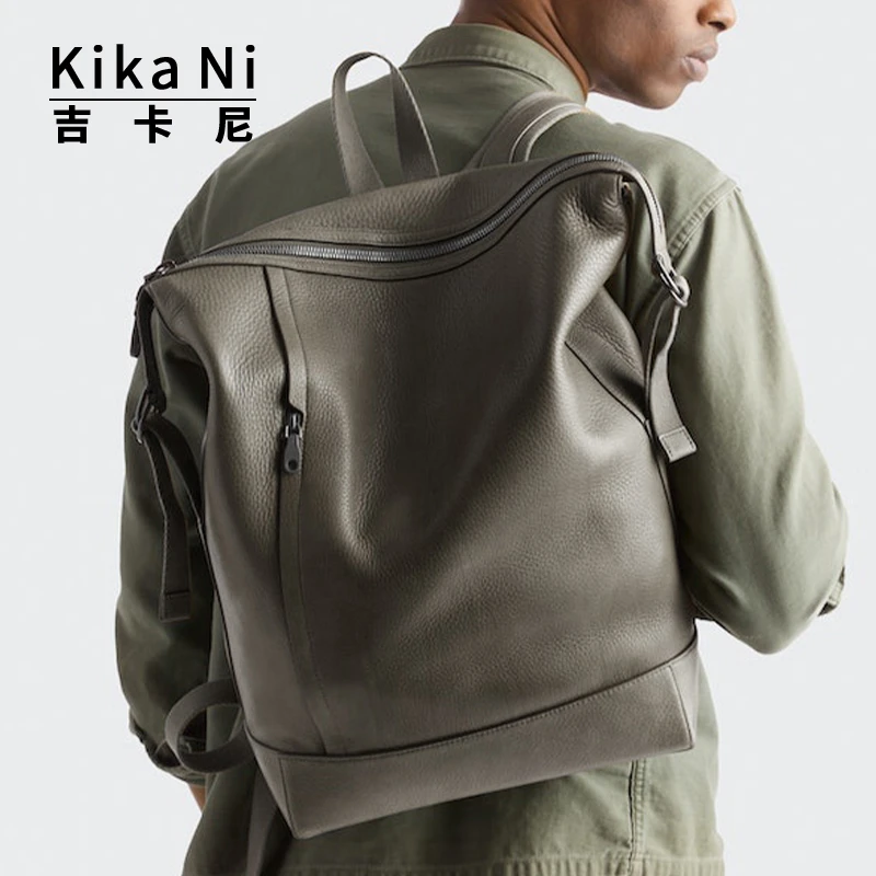 Kika Ni男复古真皮双肩包植鞣皮大容量电脑背包软皮户外旅行包潮