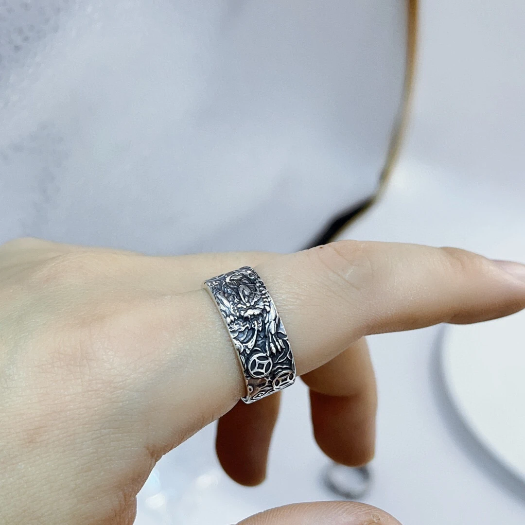 足银银制品 男士祥云金钱貔貅戒指复古心经招财吞財兽戒指