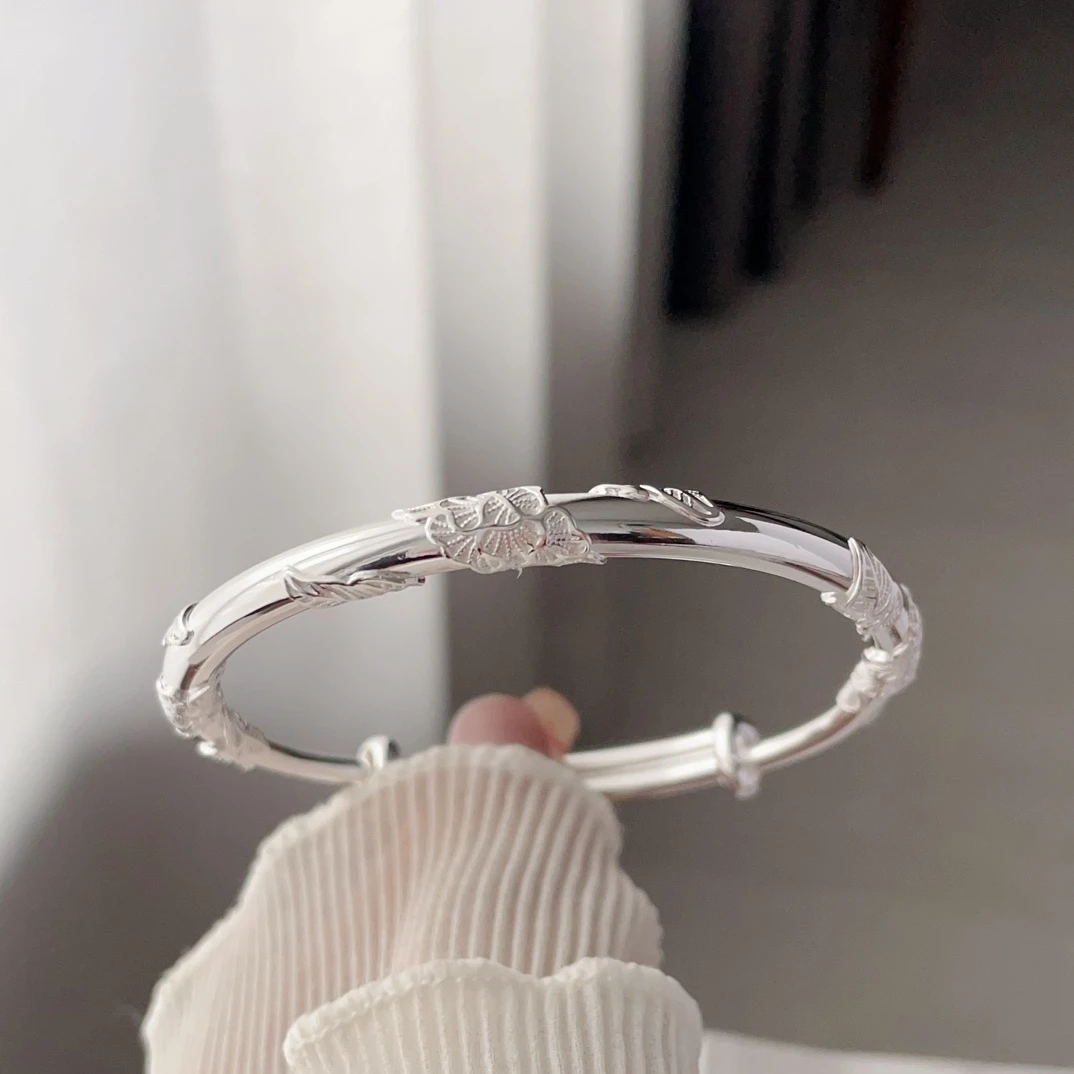 足银手镯 繁花似锦手镯女生纯银足银实心镯子年轻款送女朋友生日