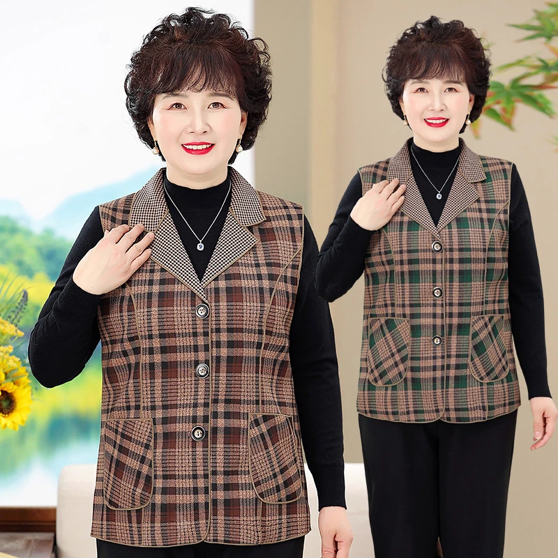 中老年人秋装马甲女奶奶格子马夹上衣60岁70老人太太妈妈薄款休闲