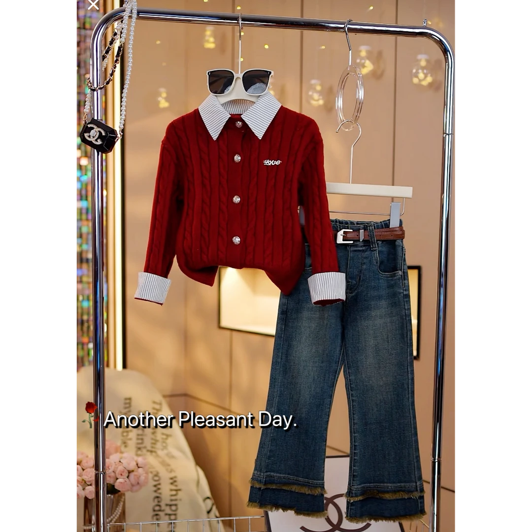 现货-女童2025春秋季新款中大童洋气时尚针织毛衣套装