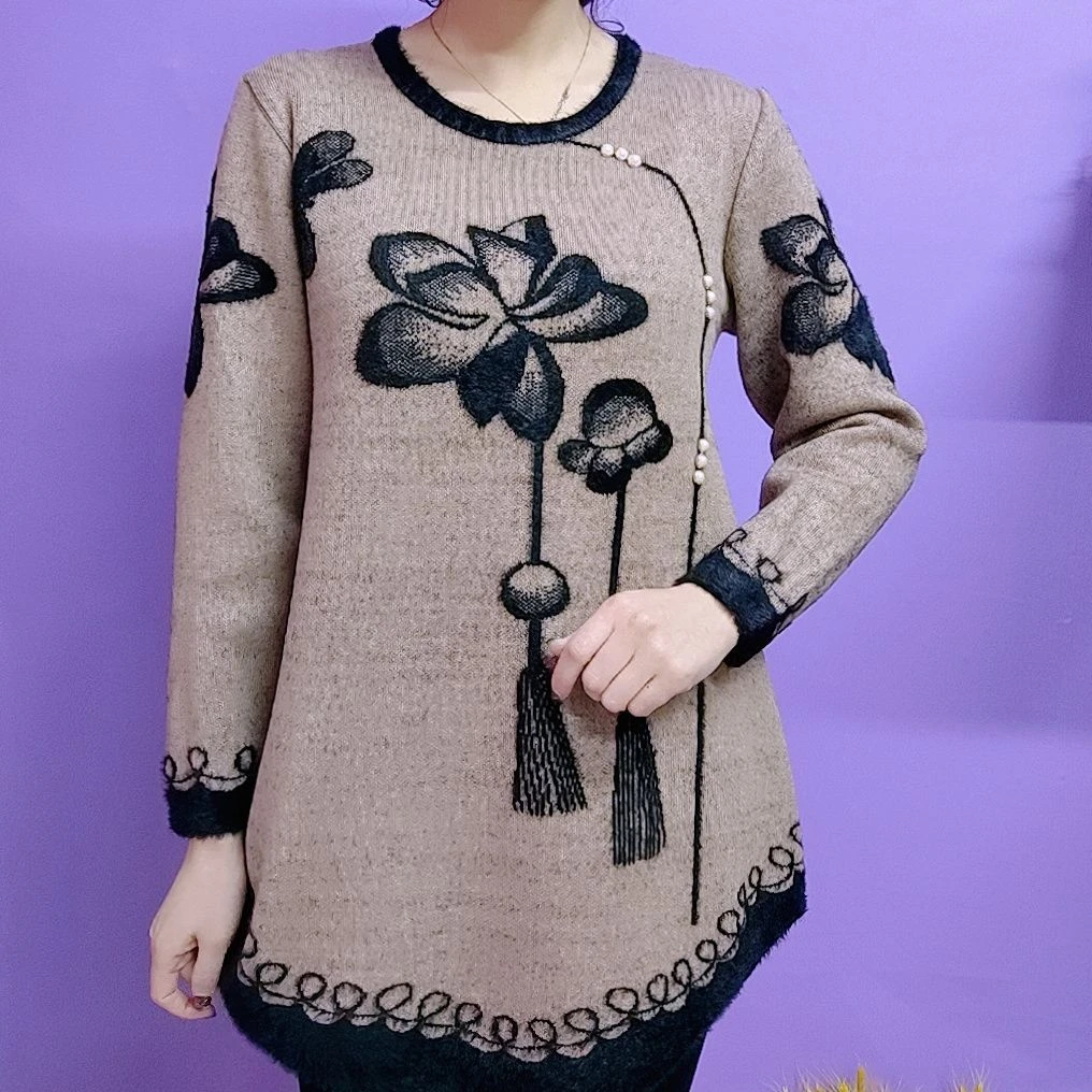 中老年长袖针织衫妈妈装2025早秋新款宽松显瘦圆领时尚百搭上衣女