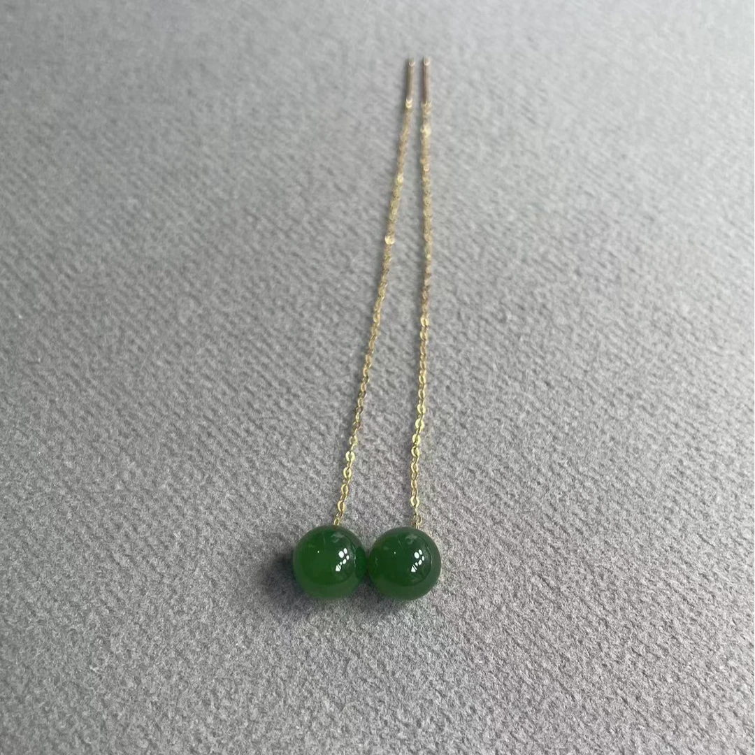 18k金镶嵌和田碧玉精美简约圆珠耳线