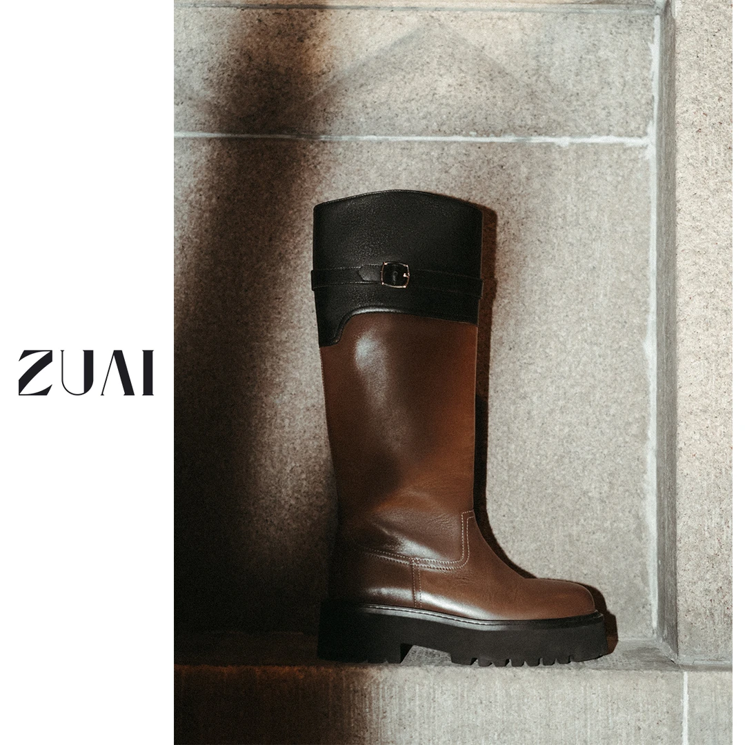 【黑巧骑士靴】头层牛皮猪皮内里拼色厚底长筒靴跟高5CM 23ZUAI166