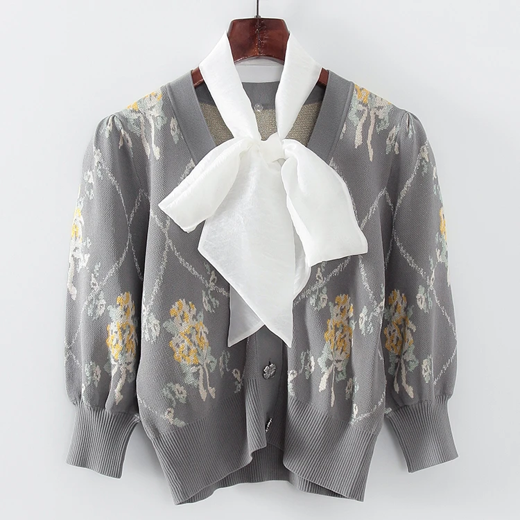 L143蝴蝶领泡泡袖线开衫  鸟撤柜剪牌