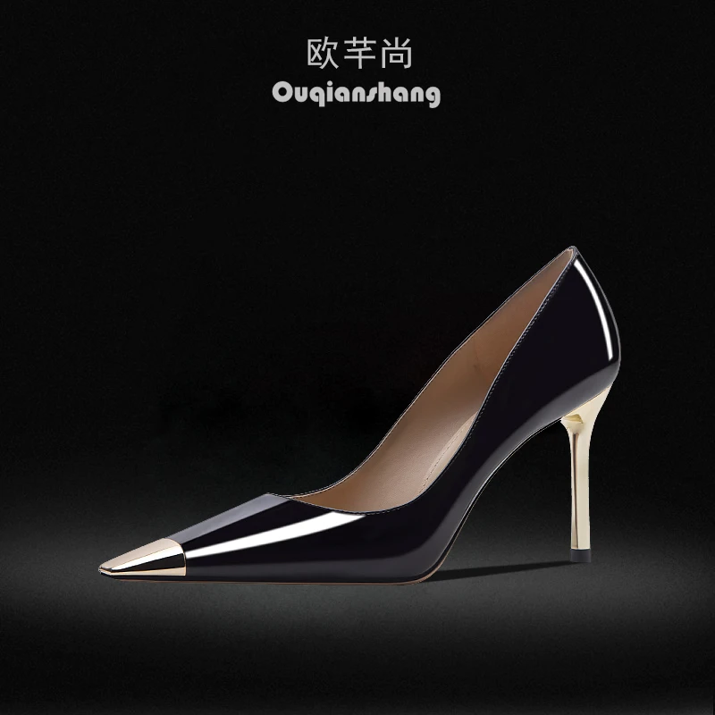 2024年新款小方头高跟鞋细跟漆皮尖头鞋铁头气质单鞋浅口时尚女鞋