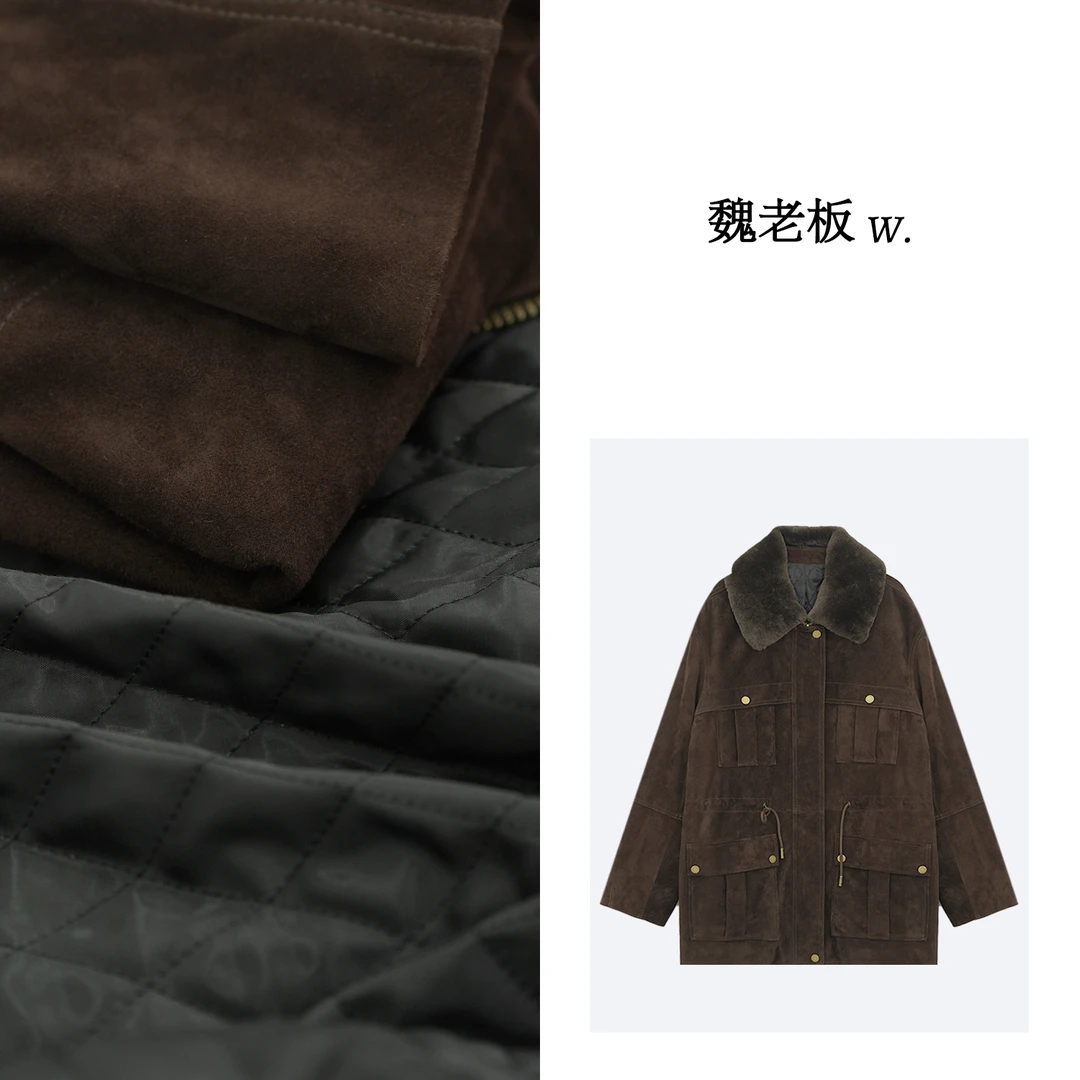 W.Diva【如愿】早春南非进口混种绒面小羊皮毛领皮衣外套4C1410032