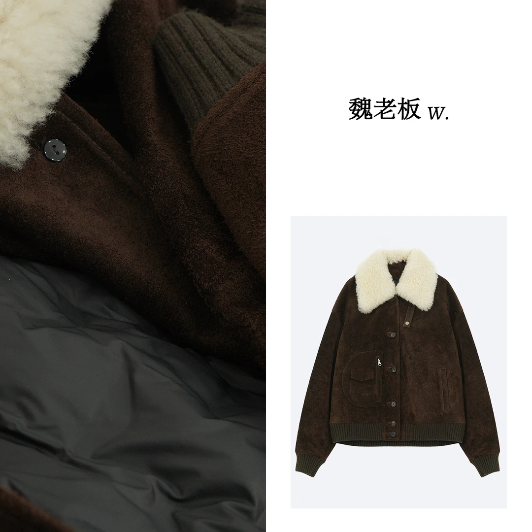 W.Diva【降临】早春时尚牛皮绒面羊毛领夹克松弛感鹅绒服4C3182701