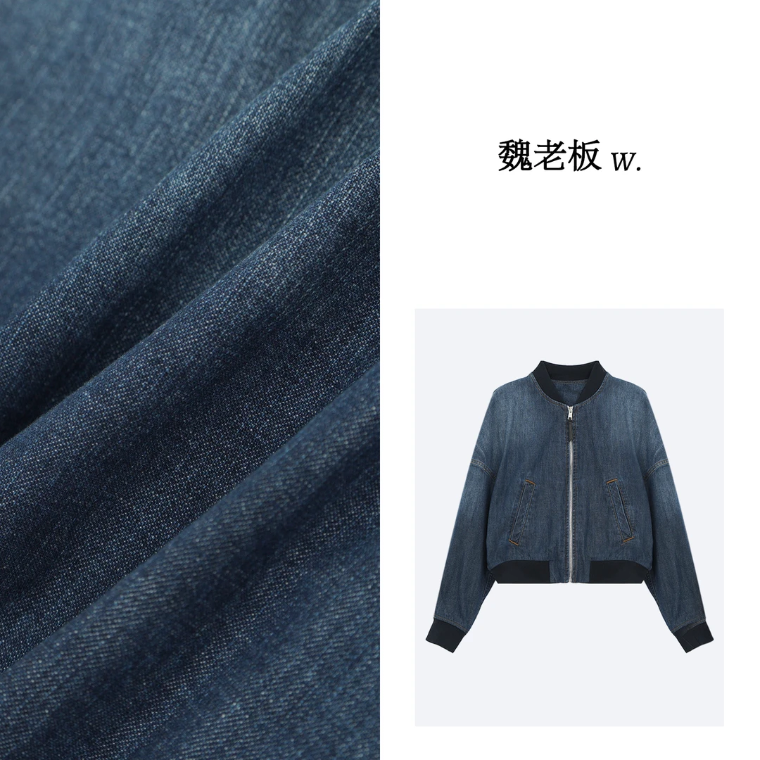 W.Diva【风云】春季时尚百搭拉链罗纹拼接牛仔长袖外套3C1240702