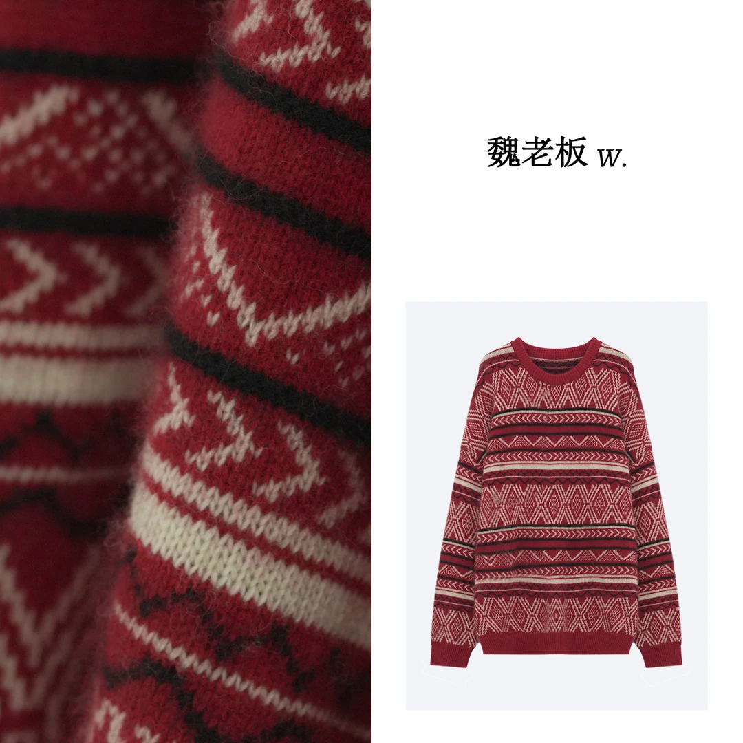 【西雅图】早春红色羊毛小众设计复古慵懒百搭款圆领毛衫4ZDMX0080