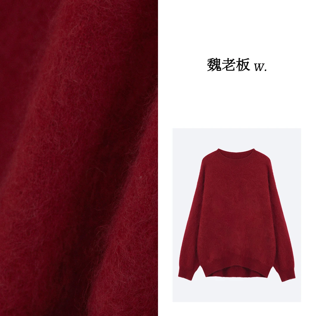 W.Diva【多尔玫瑰】早春红色100%羊绒宽松外穿慵懒风毛衫4ZDM39160