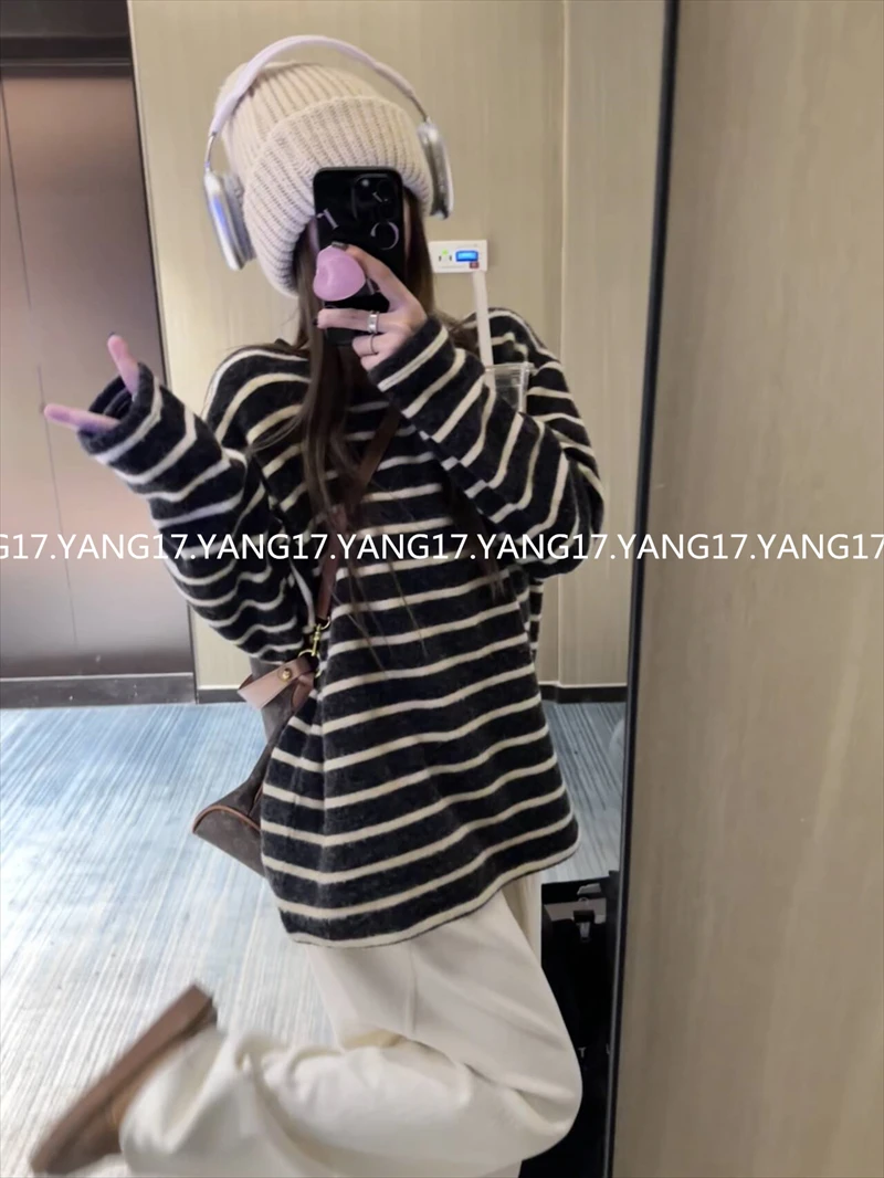 杨十七 奥利奥加厚慵懒宽松显瘦长袖条纹t恤女 亲肤内搭外穿1