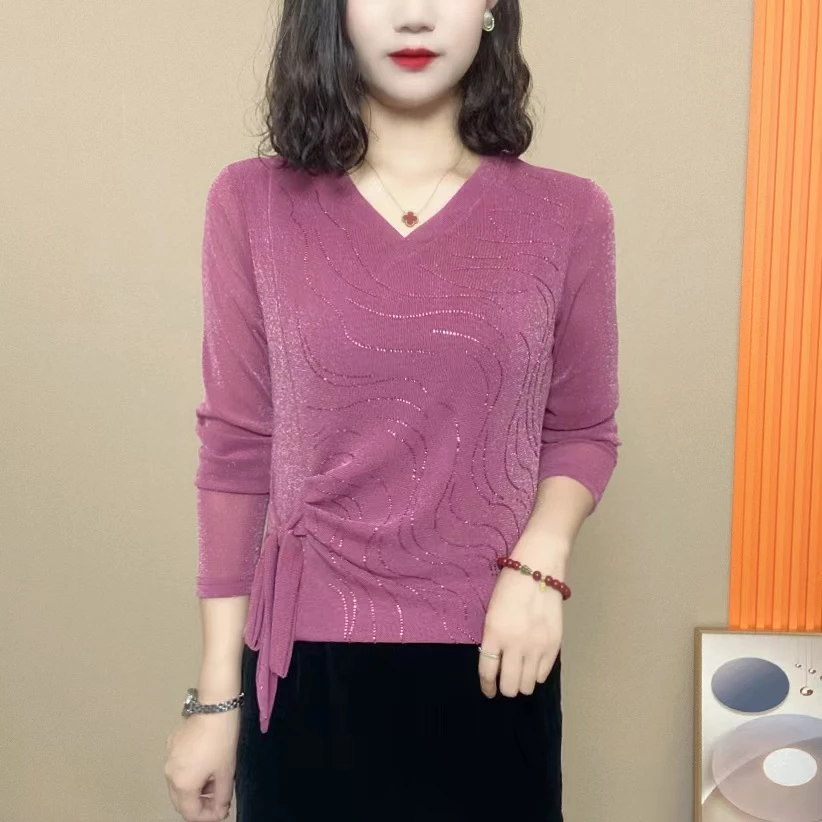 春季新款时尚精致V领烫钻系带设计感气质显瘦女士长袖上衣k919
