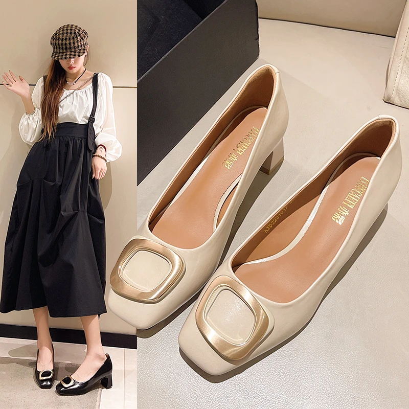 谢公子新款推荐方头百搭浅口气质粗跟鞋细跟单鞋231017