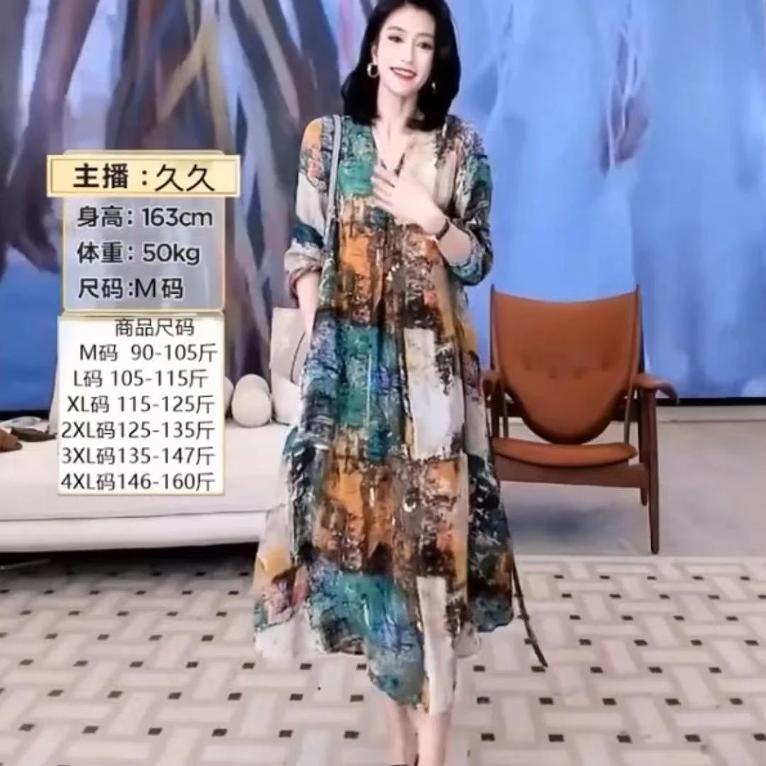 网红大牌复古大码连衣裙女2024夏季新款宽松印花气质民族风长裙子
